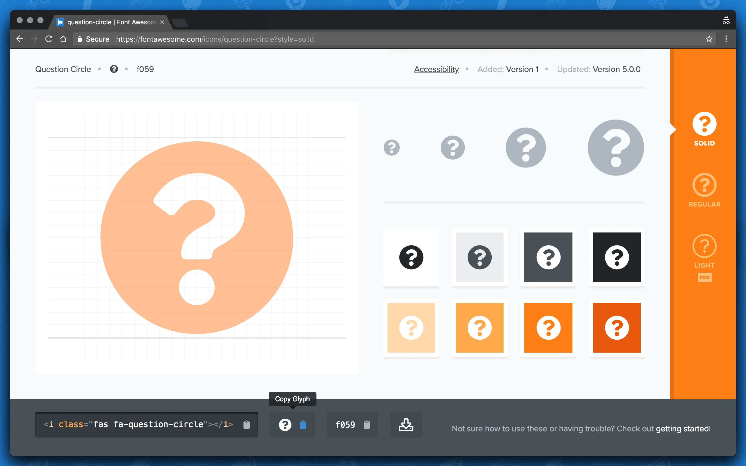 Select the copy glyph button on any icon's details