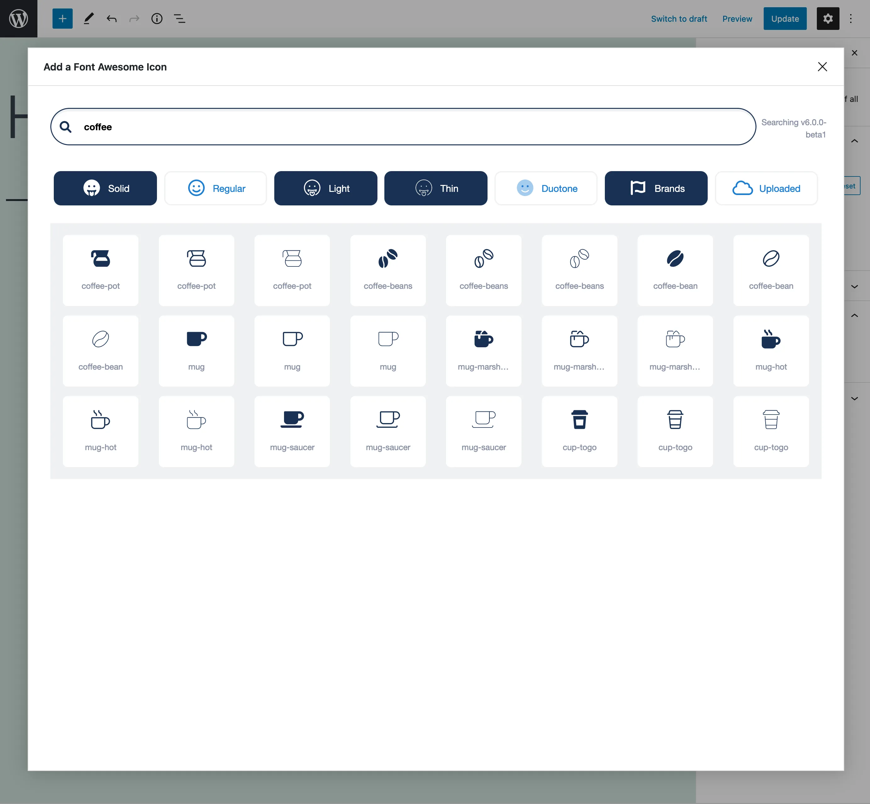Searching the icon chooser for a coffee icon with several styles selected