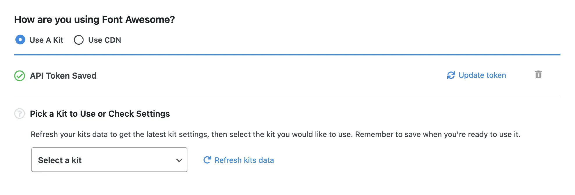 The Font Awesome WordPress plugin set up to use Kits
